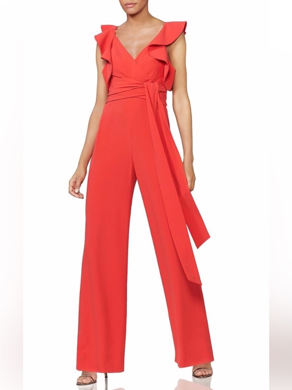 New Halston Heritage Sz 8 Women’s Red Ruffled Shoulder V-neck Jumpsuit Ret $445!